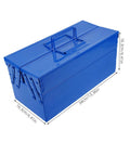 Badass Blue Iron Double Layer Toolbox Organizer With Grip Carry Handle Portable Heavy Duty Build For Garage Setup Or Job Site Grind To Keep Tools Locked In, shown from the side with dimensions.