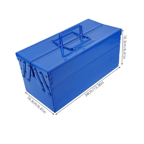 Badass Blue Iron Double Layer Toolbox Organizer With Grip Carry Handle Portable Heavy Duty Build For Garage Setup Or Job Site Grind To Keep Tools Locked In, shown from the side with dimensions.