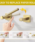 Gold Toilet Paper Holder And Hand Towel Bar Set In Brushed Brass With Double Post Pivoting Design For Secure Roll Change Stainless Steel Wall Mounted Modern Bathroom Hardware Two Piece Set being mounted on a wall, showcasing pivoting design.