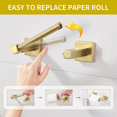 Gold Toilet Paper Holder And Hand Towel Bar Set In Brushed Brass With Double Post Pivoting Design For Secure Roll Change Stainless Steel Wall Mounted Modern Bathroom Hardware Two Piece Set being mounted on a wall, showcasing pivoting design.