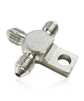 Close-up of stainless steel KVAEY 3AN tee adapter with three male flare fittings and mounting tab