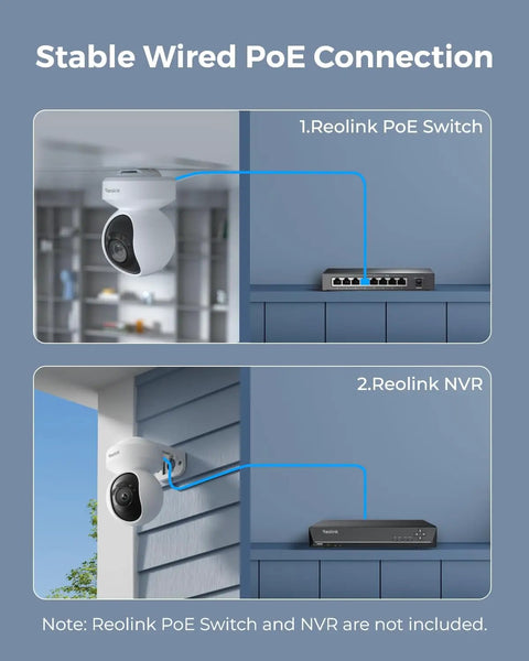 4K PoE Outdoor Security Camera With 355 Degree Pan And 50 Degree Tilt Color Night Vision Auto Tracking Smart Detection Two Way Talk Round The Clock Recording Weatherproof Home Surveillance System installed on wall, showing wired connection to PoE switch and NVR.