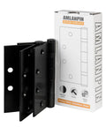 Beefy Stainless Steel 4.5 Inch Ball Bearing Hinges Matte Black Two Pack For Exterior Doors, with box showing design details.
