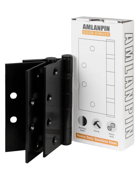 Beefy Stainless Steel 4.5 Inch Ball Bearing Hinges Matte Black Two Pack For Exterior Doors, with box showing design details.