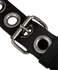 Close-up of adjustable belt loop from Three Bag Tool Bag Set With Suspenders In Royal Blue Heavy Duty 1680D Poly LoadBear Stretch Suspension For Comfort Belt Fits Up To 52 In Waist Workhorse Barrel Bottom Pouches Reinforced Bottoms Adjustable Pouch Rigging Speed Square And Phone Pocket