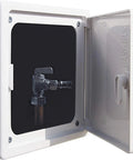 No Sweat 8X8 White Plastic Access Panel With Door, 6.5 Inch Opening Ideal For HVAC And Plumbing, showing internal plumbing access.