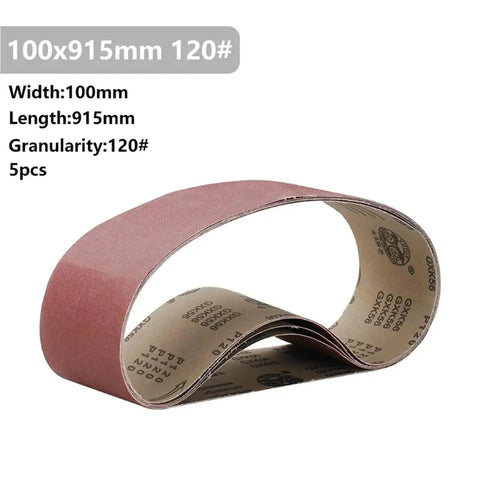 Five Piece Pack Of Top Shelf 915X100Mm Sanding Belts For Belt Sanders With Tough As Nails Abrasive Paper For Woodworking And Metal Jobs Delivering A Sweet Finish And Killer Grinding Power - 120 grit sanding belts shown.
