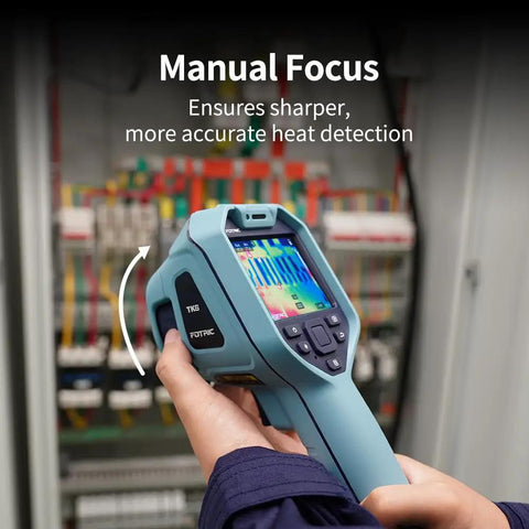 TK6 Thermal Imaging Camera With 384x288 IR Resolution in use during electrical inspection, showing manual focus feature.