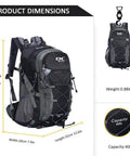 Waterproof Hiking Backpack For Men And Women, Lightweight Day Pack For Travel And Camping, 40L, Black, dimensions shown
