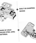 Close-up of soft close hidden cabinet hinges for corner cabinets with damping system and steel material features, Zerodeko.