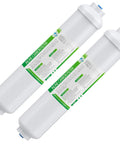 Two Pack 1/4 Inch Quick Connect Refrigerator And Ice Maker Filter Cartridges Post Carbon For Reverse Osmosis Systems Push To Connect Replacement For Clean Safe Drinking Water At Home, shown side by side with labels visible.