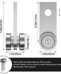 Diagram of two-wheel trolley assembly rollers with dimensions, for 1-5/8 inch strut channel, garage hoist system compatibility, silver finish.