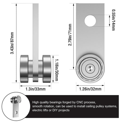 Diagram of two-wheel trolley assembly rollers with dimensions, for 1-5/8 inch strut channel, garage hoist system compatibility, silver finish.