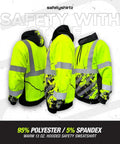 Hi Vis Safety Hoodie For Men Road Crew Ready, Heavy Duty Polyester With Soft Fleece Interior, Class 3 Type R Meets ANSI ISEA 107-2020, Yellow Large, Built Tough For Construction, Outdoor Jobs, And Hazardous Work, shown from front and back on gray background.