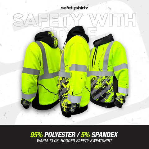 Hi Vis Safety Hoodie For Men Road Crew Ready, Heavy Duty Polyester With Soft Fleece Interior, Class 3 Type R Meets ANSI ISEA 107-2020, Yellow Large, Built Tough For Construction, Outdoor Jobs, And Hazardous Work, shown from front and back on gray background.