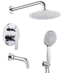 Wall-mounted chrome Bathtub Shower Faucet Set with valve, 10-inch rain shower head, handheld system, and tub spout.