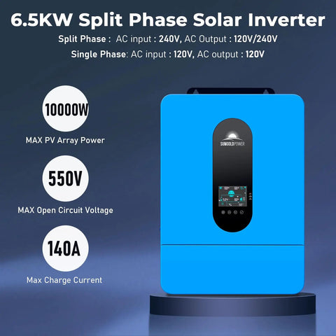 Rock Solid Plug And Play 6500 Watt 48 Volt Pure Sine Wave Split Phase Solar Inverter With Dual Mppt Charge Controller And 140 Amp Battery Charging, front view
