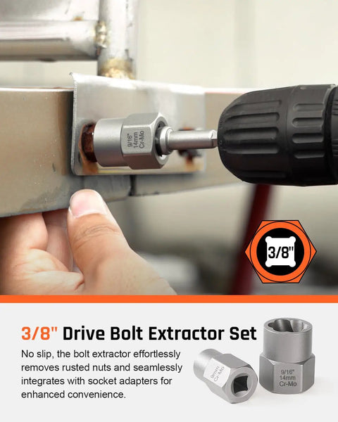 Cordless drill using 39 Piece Bolt Extractor Kit With Left Hand Drill Bits And Multi Spline Extractors to remove rusted bolt