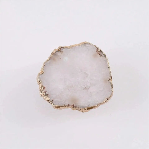 Fresh White Geode Cabinet Knob Set With Slick Gold Plated Crystal Drawer Pulls And Easy Install Gemstone Cupboard Handles For Your Kitchen Bathroom Upgrade, close-up of white geode knob.