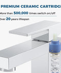 Close-up of a chrome single-hole bathroom faucet with pop-up drain, highlighting the premium ceramic cartridge and lifespan details.