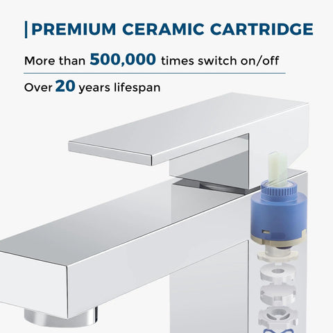 Close-up of a chrome single-hole bathroom faucet with pop-up drain, highlighting the premium ceramic cartridge and lifespan details.