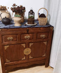 Wooden cabinet with antique brass vintage style pull handles, decorative items on top, suitable for bookcases and wardrobes.