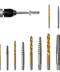 Left Hand Screw Extractor Set For Stripped Screws And Broken Bolts, 10 Piece Cobalt HSS Drill Bit Kit with drill close-up