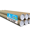 Pro Grade Kraft Mailing Tubes 2.5 By 36 Inch With Caps Pack Of 6 stacked with visible label and ends on white background