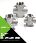 304 Stainless Steel Pipe Fitting Cross 4 Way 1 NPT Female Threaded CNC Machined for HVAC displayed in a silvery finish