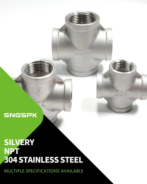 304 Stainless Steel Pipe Fitting Cross 4 Way 1 NPT Female Threaded CNC Machined for HVAC displayed in a silvery finish