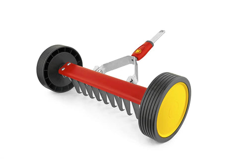 Side view of Multi-Change Roller Moss Removal Rake Tool Head For Lawn Care And Thatch Removal, red and yellow wheel-driven attachment.
