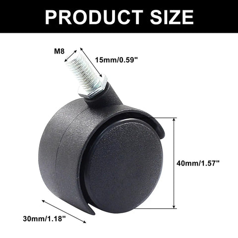 Close-up of 1.5 inch nylon swivel stem caster wheel with M8 thread for easy mobility in furniture carts chairs and cabinets.
