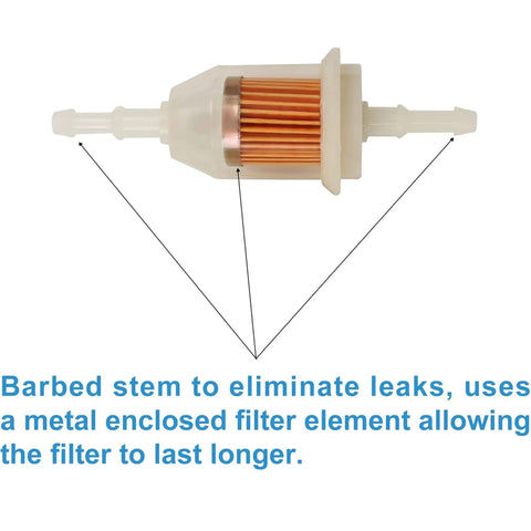 Two Pack Inline Golf Cart Fuel Filter Kit 1/4 To 5/16 Inch Fits EZGO Club Car Yamaha Gas Engines OEM Grade Filters Durable Replacement For RXV TXT G1 G14 Models showing barbed stem and metal filter element.