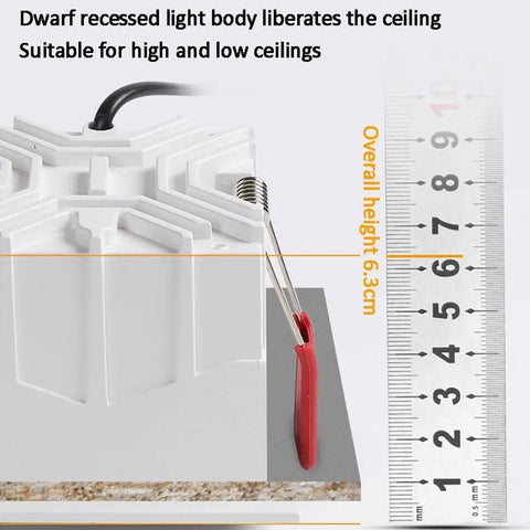 Dwarf recessed light body with red clip showing height of 6.3cm for 6 Pack Square Recessed Led Downlights 12W Dimmable Double Head Ceiling Spots Rock Solid Aluminum Baffle Trim Anti Glare Indoor Spotlight Bundle.