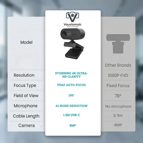 Smooth Operator 4K Uhd Webcam With Noise Canceling Mic And Slide Privacy Cover, 100 Degree Wide Angle USB Plug showing details and specs.
