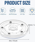 Image showing a diagram of Small 4 Inch Acrylic Lazy Susan Rotation Organizer For Kitchen Countertop Cabinets Spice Rack Makeup And Cake Decorating Storage Spins Smoothly With Ball Bearing, with dimensions and icons highlighting features like transparency and 360-degree rotation.