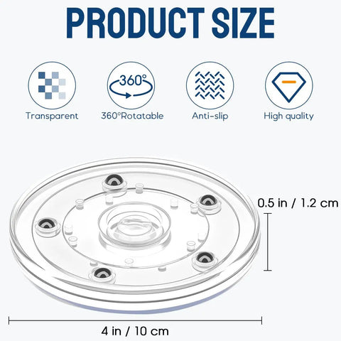 Image showing a diagram of Small 4 Inch Acrylic Lazy Susan Rotation Organizer For Kitchen Countertop Cabinets Spice Rack Makeup And Cake Decorating Storage Spins Smoothly With Ball Bearing, with dimensions and icons highlighting features like transparency and 360-degree rotation.