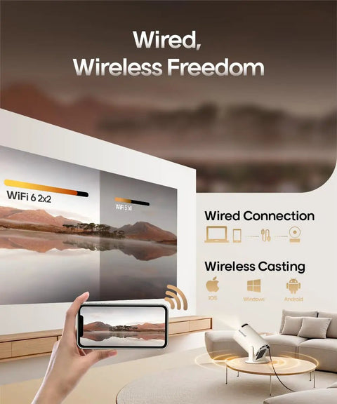 Living room setup with a 4K Portable Projector With WiFi 6 And Bluetooth 5.4 Android 14 Smart Projector projecting landscape image.