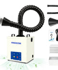 100W Solder Fume Extractor With HEPA H13 Filter 210 m3/h, showing control panel, flexible hose, and included accessories