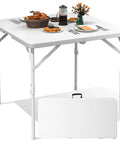 34 Inch Square Folding Table With Carrying Handle set for dining, white, foldable utility dining table with steel legs, 440 lb capacity.