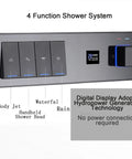 Slick Black Rain Shower System With Digital Display Concealed Wall Mounted Faucet Set showing control panel with functions and temperature.
