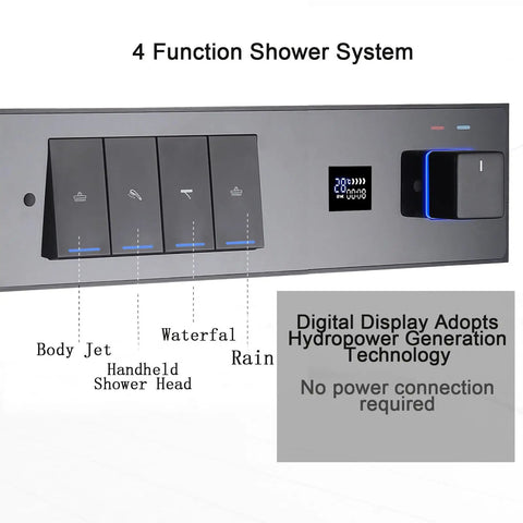 Slick Black Rain Shower System With Digital Display Concealed Wall Mounted Faucet Set showing control panel with functions and temperature.