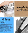 Heavy Duty Stainless Steel Smooth Edge Manual Can Opener And Bottle Opener With Oversized Handheld Turn Knob in use open can