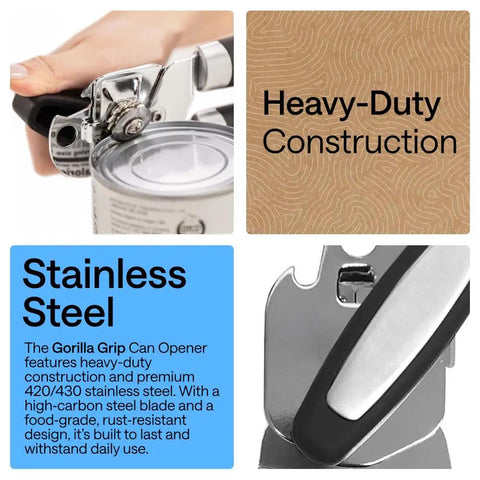 Heavy Duty Stainless Steel Smooth Edge Manual Can Opener And Bottle Opener With Oversized Handheld Turn Knob in use open can