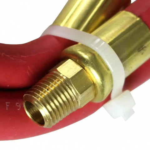 Close-up of Heavy Duty 3 Foot 3/8 Air Hose Extender With Triple Manifold Quick Connector showcasing brass fittings.