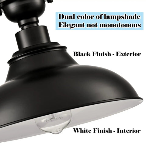 Close-up of 12-Inch Farmhouse Matte Black Dope Semi Flush Mount Ceiling Light With Barn Shade, showcasing black exterior and white interior.