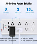 Long Reach 12 Foot Surge Protector Power Strip With Eight Outlets, 1050J Protection, 3 USB Ports, white, wall mounted