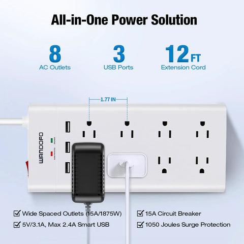Long Reach 12 Foot Surge Protector Power Strip With Eight Outlets, 1050J Protection, 3 USB Ports, white, wall mounted