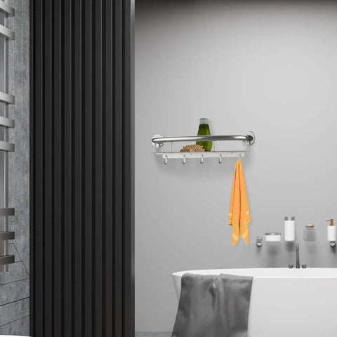 18 Inch Shower Grab Bar With Storage Shelf Brushed Nickel Stainless Steel Handicap Safety Rail Tough As Nails Construction And Dead Simple Setup For Seniors with towel and toiletries.