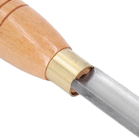 Wood lathe chisel with wooden handle, brass ferrule, and steel blade